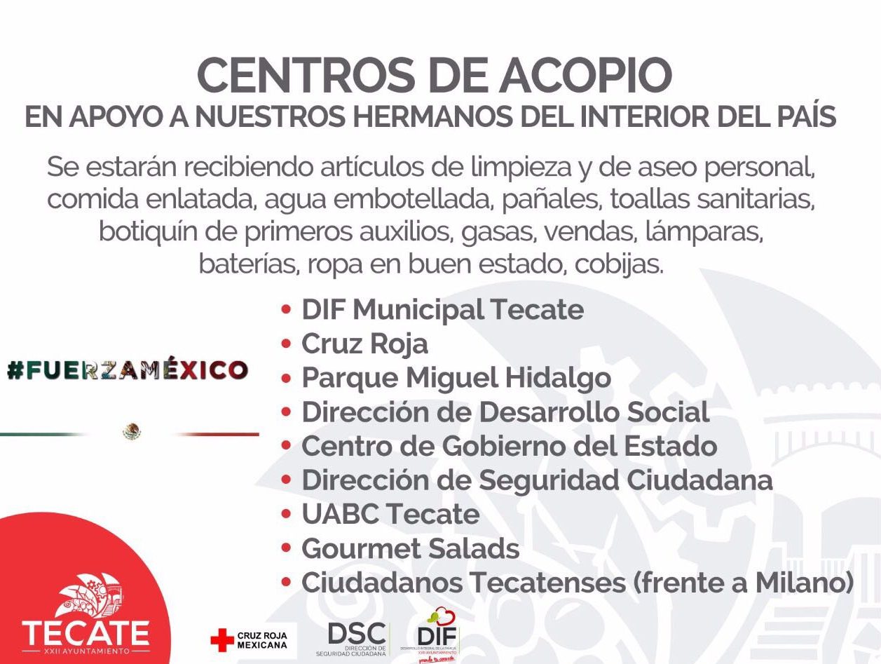 Activan Centros de Acopio en Tecate para apoyar a los afectados del sismo